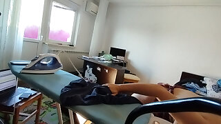 Sexy Brunette with Hairy Pussy, Doing Housework Naked.